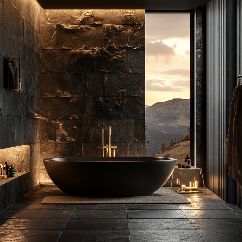 AI‑Visuals «Stone Bath»: природная палитра, тёплый свет; стилистика пространств